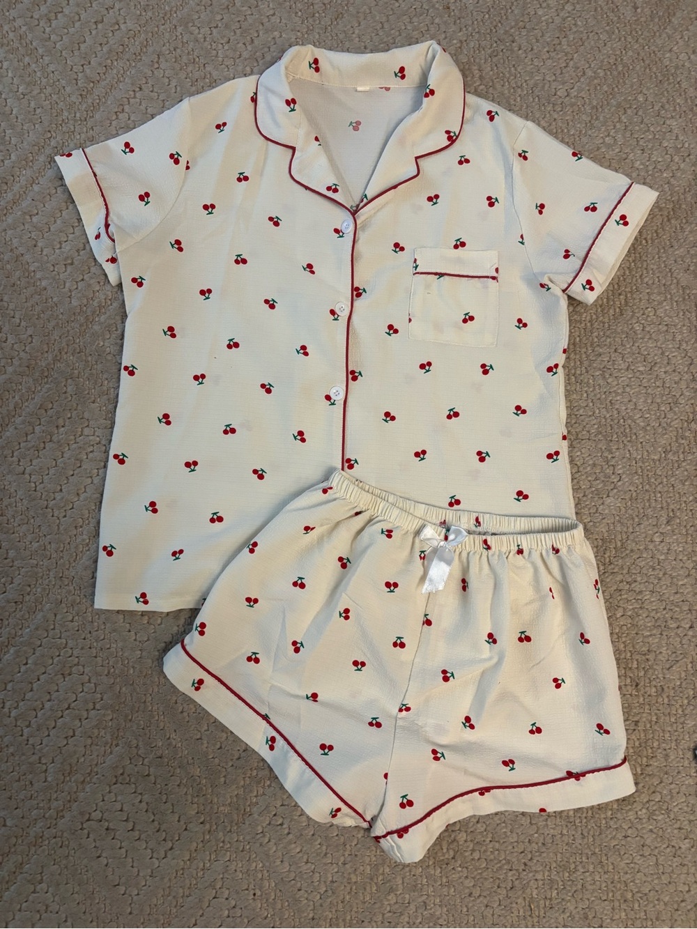 Cream Cherry-Print Short Pajama Set with Red Trim